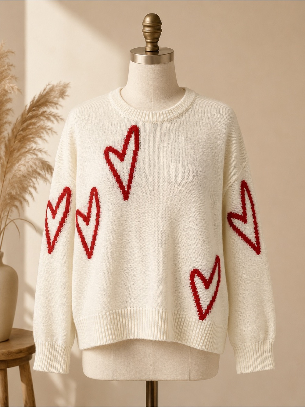 Elan Ivory Heart Print Soft Girl Crewneck Sweater Oversized Cozy Knit Pullover L - Picture 5 of 17